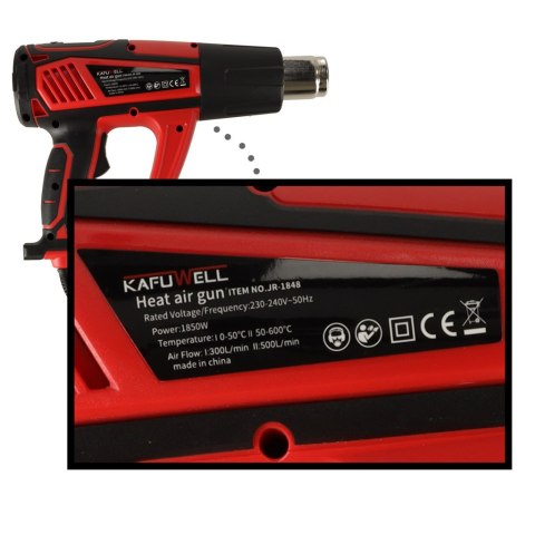 KAFUWELL Opalarka elektryczna z regulacja tempratury 0-600 st. C przepływ powietrza 300-500 l/min + 4 wymienne końcówki 1850W KAFUWELL Opalarka elektryczna z regulacja tempratury 0-600 st. C przepływ powietrza 300-500 l/min + 4 wymienne końcówki 1850W