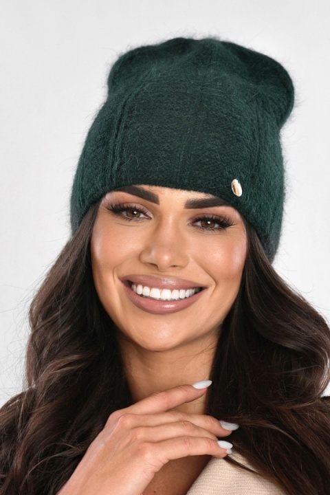 Czapka damska angora zimowa miękka ciepła elegancka wydłużana, P-084 - BUTELKOWA ZIELEŃ, C OFF PINK