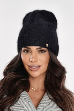 Czapka damska angora zimowa miękka ciepła elegancka wydłużana, P-084 - CZARNY, B OFF PINK