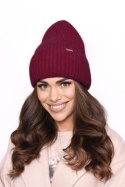 Stylowa czapka damska prążkowana z wywinięciem, Angora, Ciepła, modna P-031 - CIEMNE BORDO, UNIWERSALNY, J OFF PINK