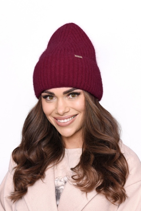 Stylowa czapka damska prążkowana z wywinięciem, Angora, Ciepła, modna P-031 - CIEMNE BORDO, UNIWERSALNY, J OFF PINK