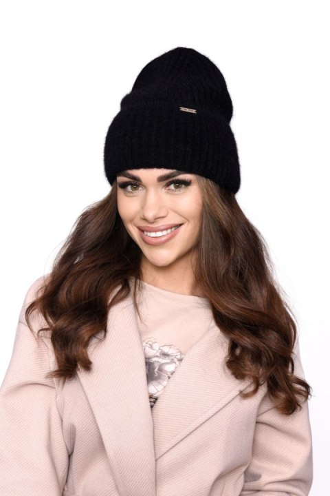 Stylowa czapka damska prążkowana z wywinięciem, Angora, Ciepła, modna P-031 - CIEMNE BORDO, UNIWERSALNY, J OFF PINK