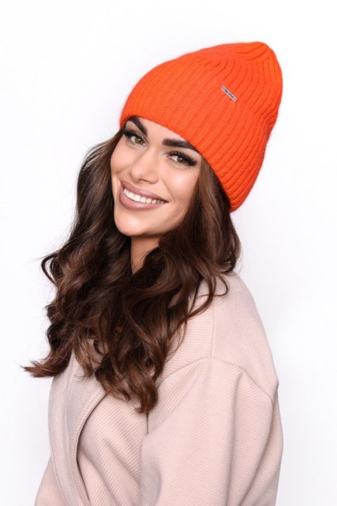 Stylowa czapka damska prążkowana z wywinięciem, Angora, Ciepła, modna P-031 - CIEMNE BORDO, UNIWERSALNY, J OFF PINK