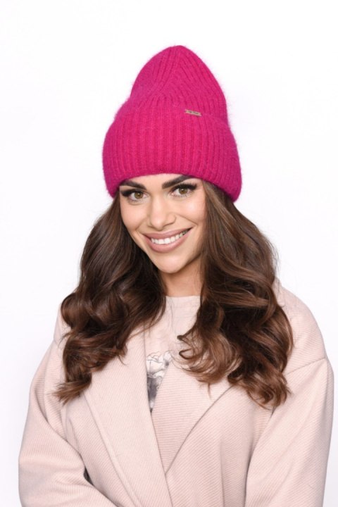 Stylowa czapka damska prążkowana z wywinięciem, Angora, Ciepła, modna P-031 - CIEMNE BORDO, UNIWERSALNY, J OFF PINK