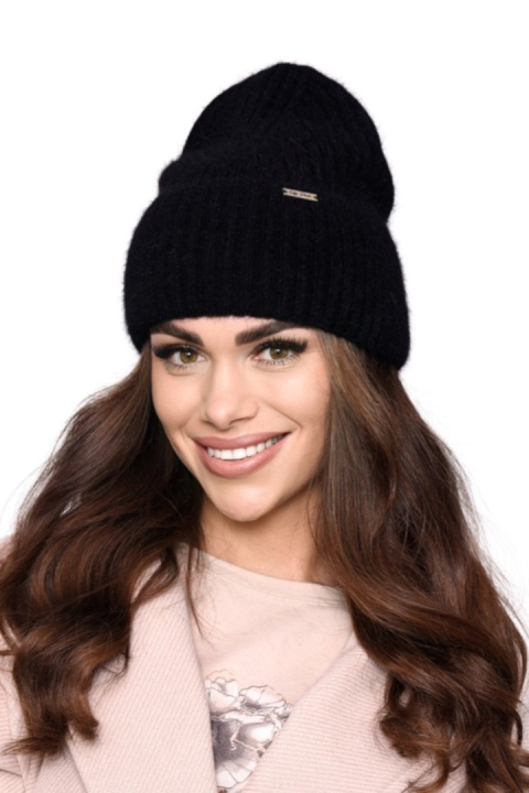 Stylowa czapka damska prążkowana z wywinięciem, Angora, Ciepła, modna P-031 - CZARNY, UNIWERSALNY, C OFF PINK
