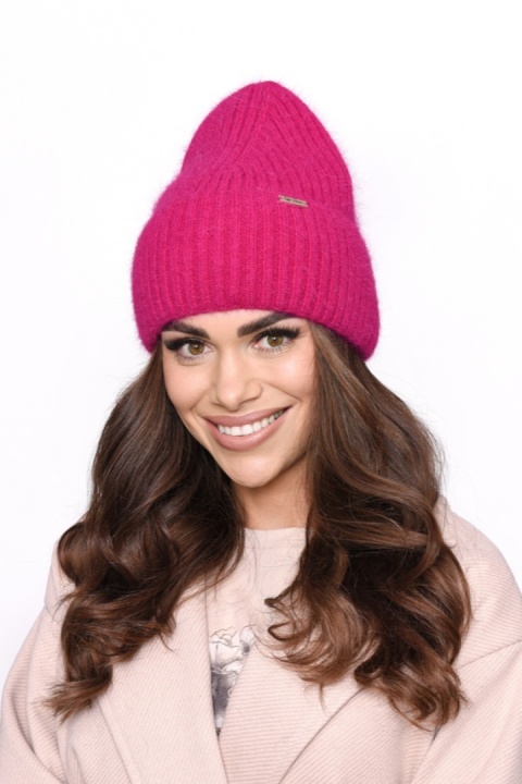 Stylowa czapka damska prążkowana z wywinięciem, Angora, Ciepła, modna P-031 - FUKSJA, UNIWERSALNY, H OFF PINK
