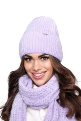 Stylowa czapka damska prążkowana z wywinięciem, Angora, Ciepła, modna P-031 - LILA, UNIWERSALNY, D OFF PINK