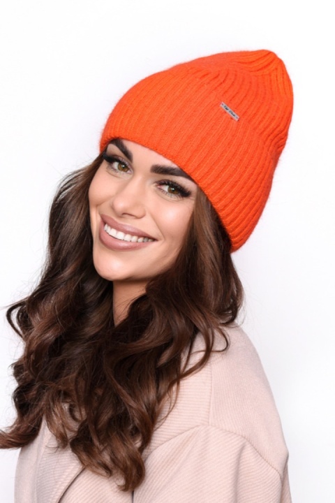 Stylowa czapka damska prążkowana z wywinięciem, Angora, Ciepła, modna P-031 - POMARAŃCZ, UNIWERSALNY, F OFF PINK