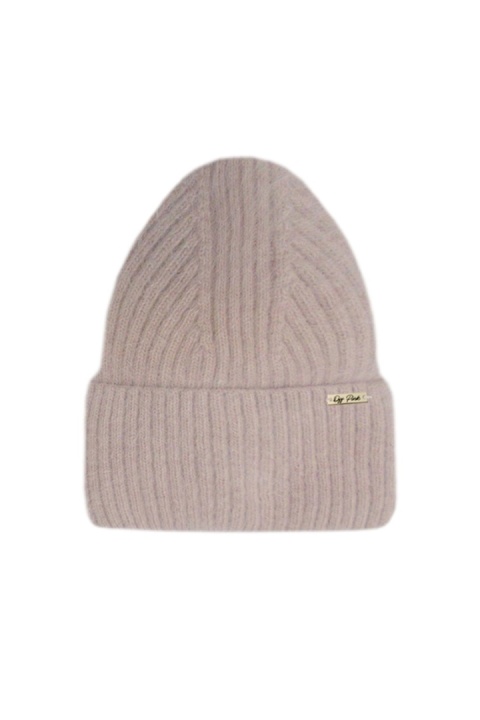 Stylowa czapka damska prążkowana z wywinięciem, Angora, Ciepła, modna P-031 - PUDER, UNIWERSALNY, I OFF PINK