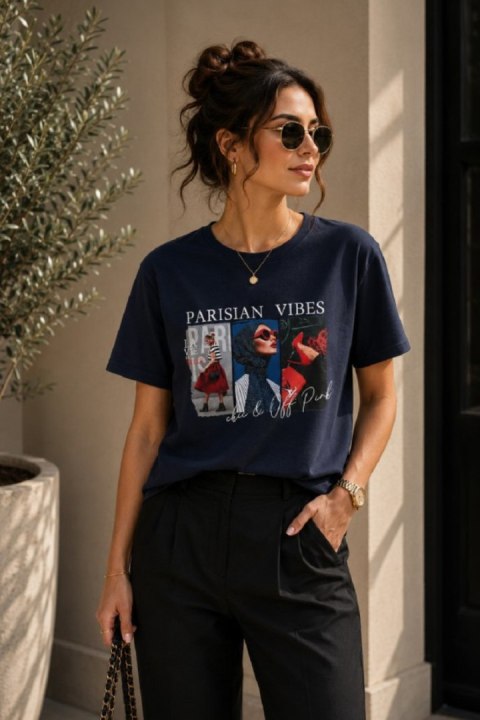 BLUZKA PARISIAN VIBES - GRANATOWY, L, GRA OFF PINK