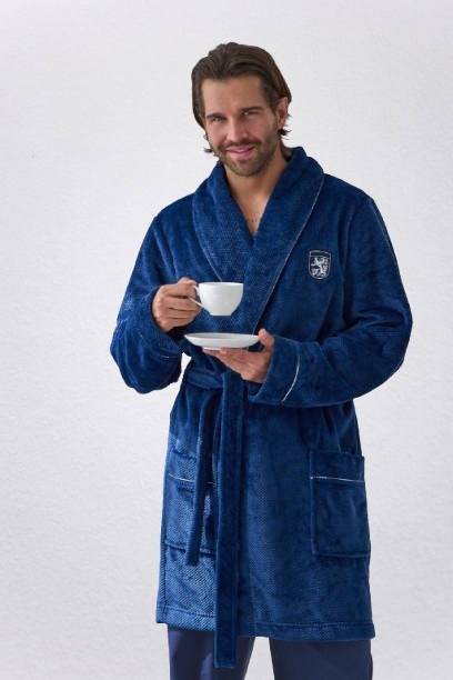 Szlafrok męski L&L 2664 Eleg miękki z kieszeniami - NAVY, L, 3 L&L
